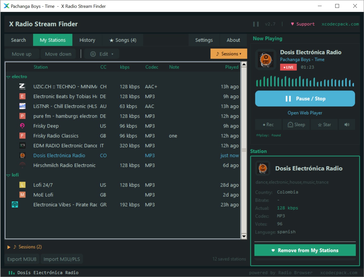 My Stations tab - favourite radio stations with logos organised into electro and lofi groups, with bitrate, codec, notes and last played time