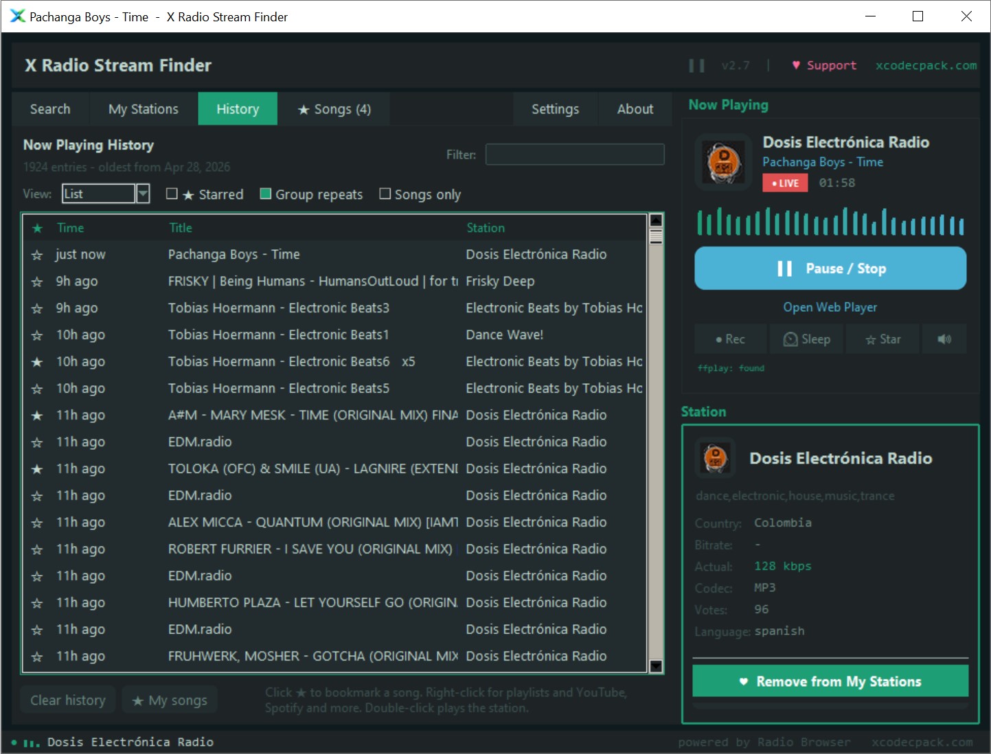 History tab - every song title heard on internet radio with time and station, starred songs saved to playlists, and the View, Group repeats and Songs only filters