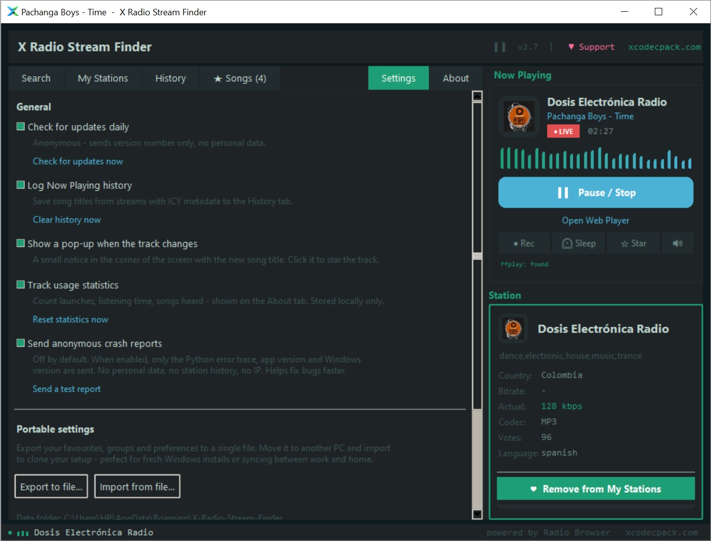 Settings tab - update check, Now Playing history logging, track-change pop-up, local usage statistics, optional crash reports and portable settings export