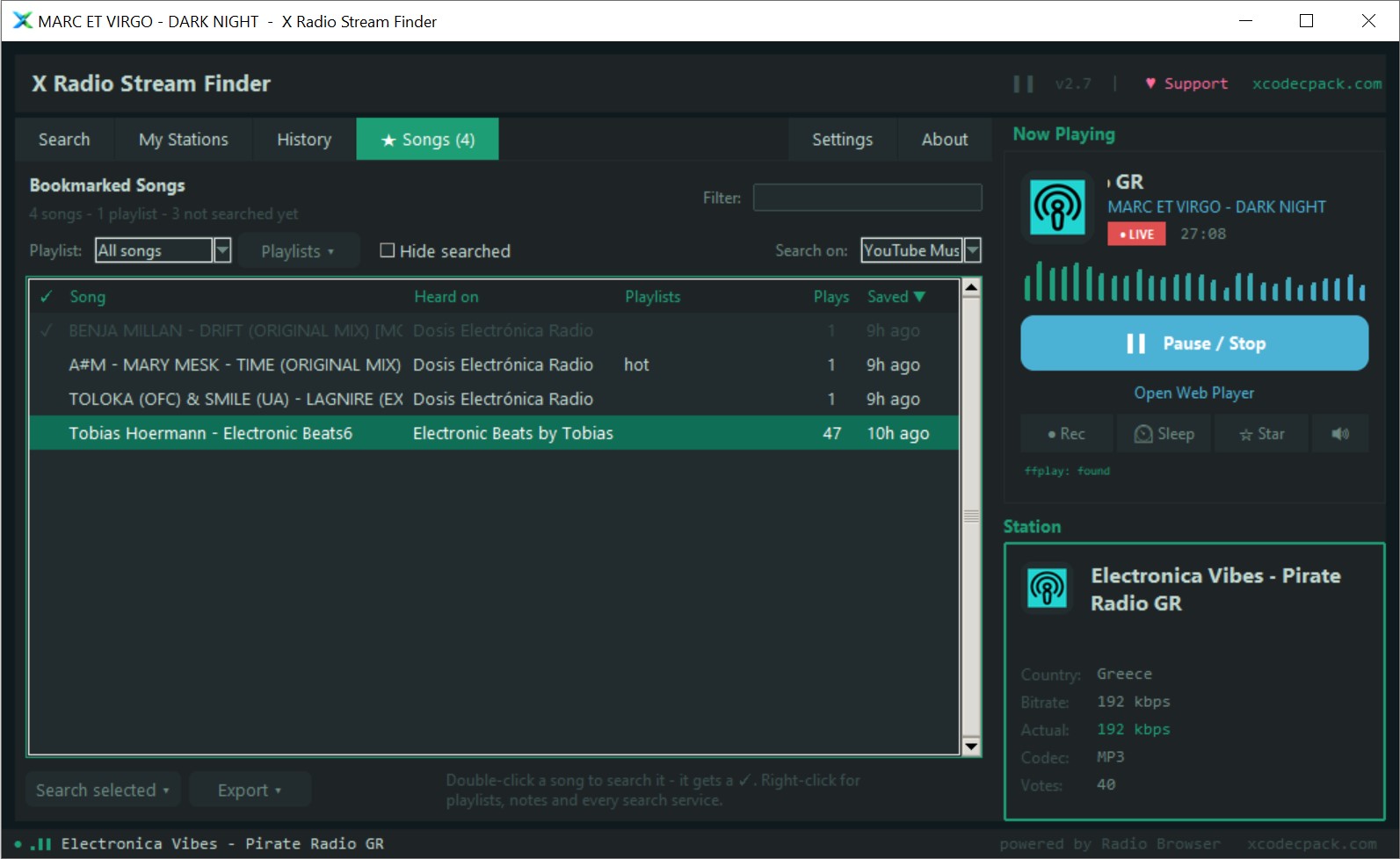 Songs tab - songs bookmarked from internet radio with the station they were heard on, playlists, play counts and a tick for songs already searched on YouTube Music