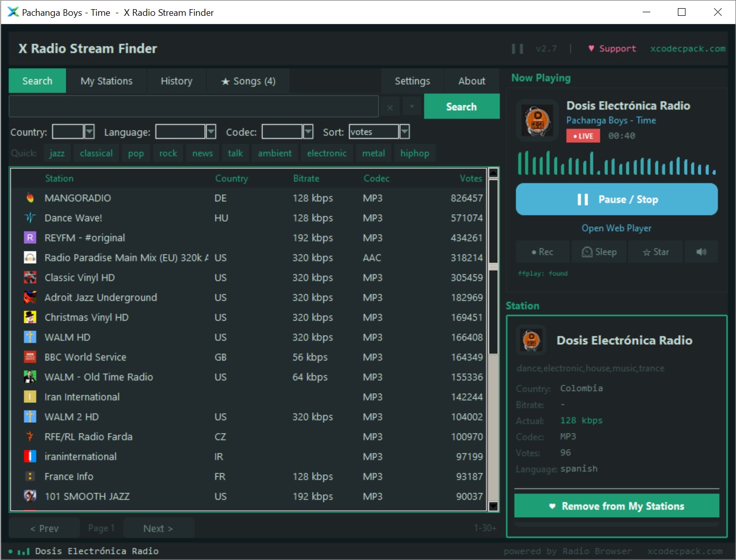 X Radio Stream Finder v2.7 on Windows - searching internet radio stations by votes, with the Now Playing panel showing station artwork, the current song, a LIVE timer and an animated visualizer