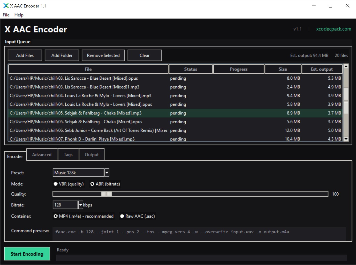 X AAC Encoder 1.1 running on Windows - input queue with FLAC, MP3, and WAV files being encoded to AAC, with VBR/ABR settings panel and command preview