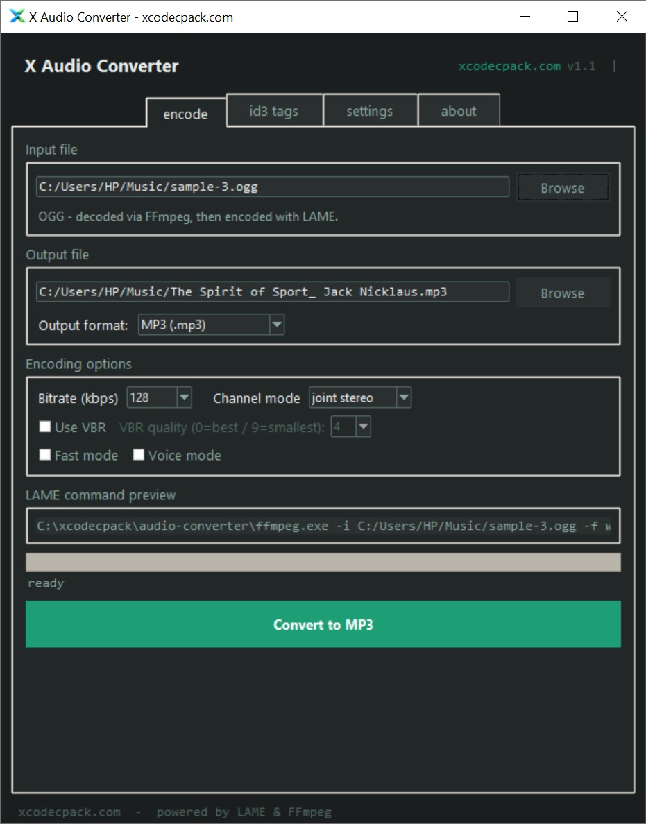 X Audio Converter - free online audio converter with LAME and FFmpeg support, showing encoder selection, output format buttons and bitrate options