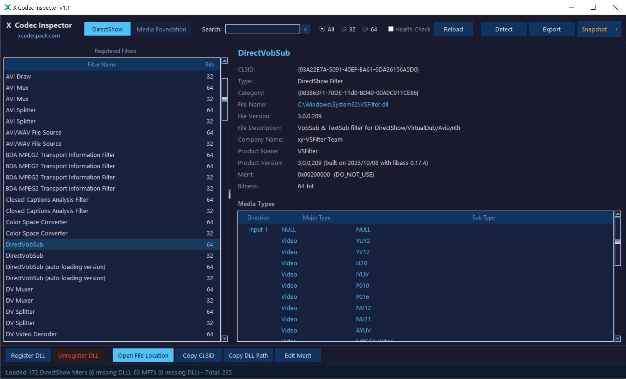 X Codec Inspector - free DirectShow filter viewer showing filter list, CLSID, DLL path, merit values and media types on Windows 11