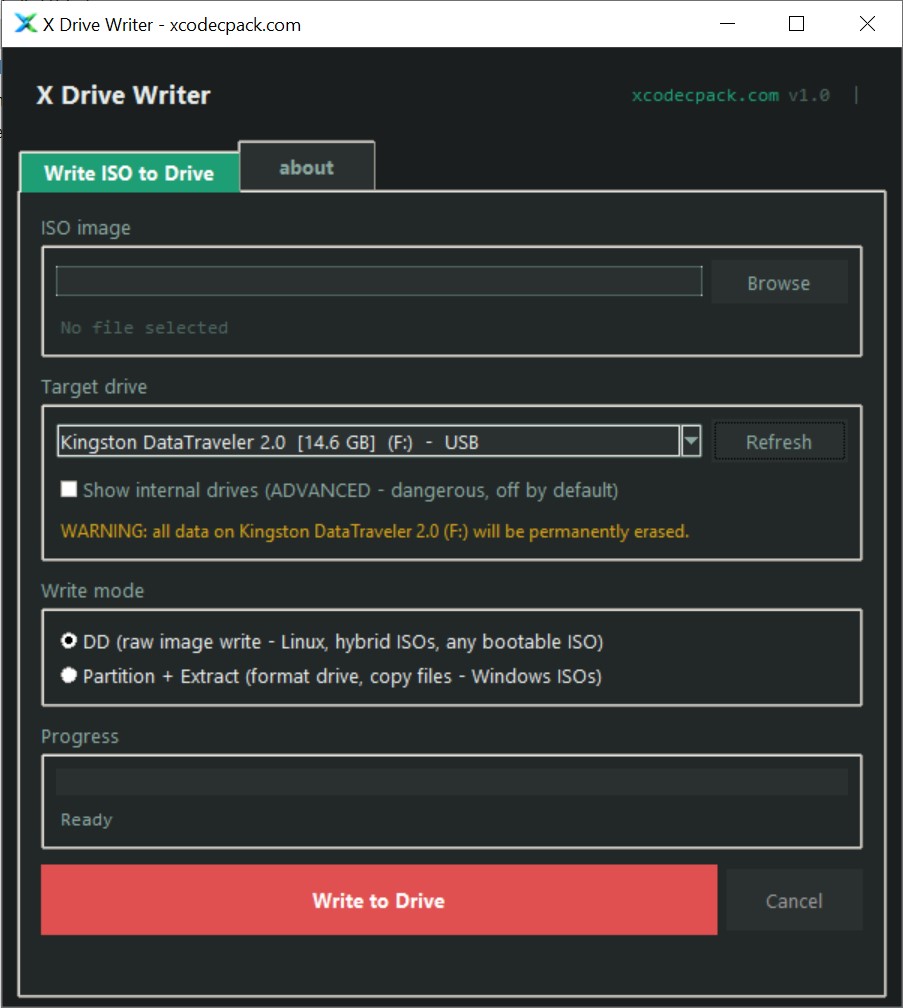 X Drive Writer interface - dark theme with ISO file selector, target drive picker showing USB and SSD, DD and Partition+Extract write modes, and progress bar