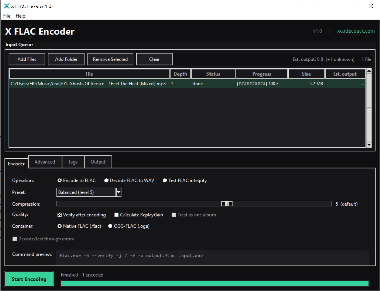 X FLAC Encoder for Windows - dark UI with batch queue, compression slider, and tag editor