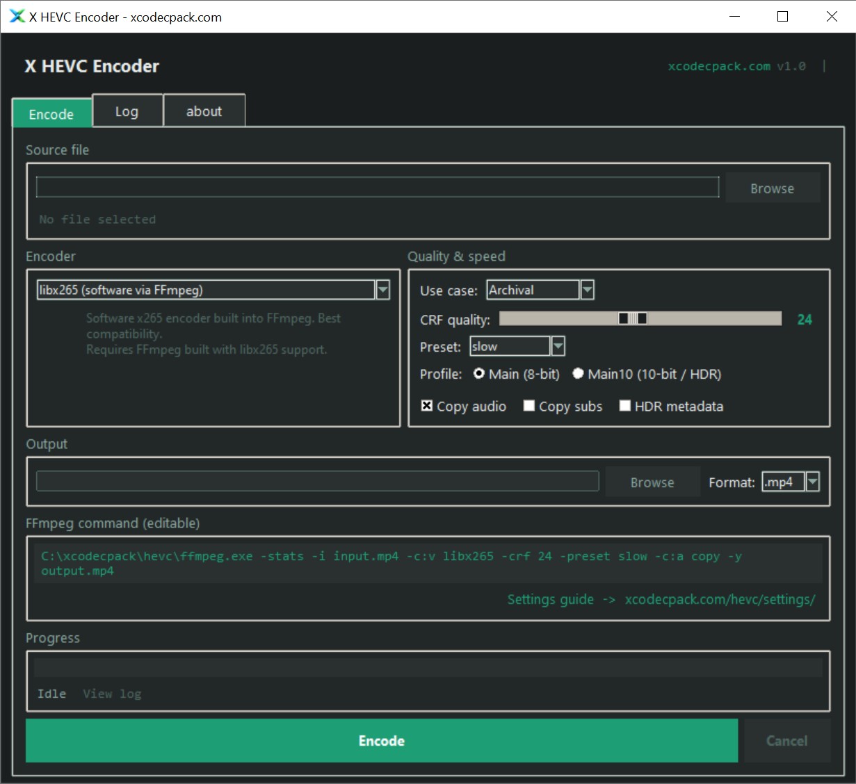 X HEVC Encoder - free Windows HEVC encoding GUI showing encoder selection, CRF slider, preset options and FFmpeg command preview