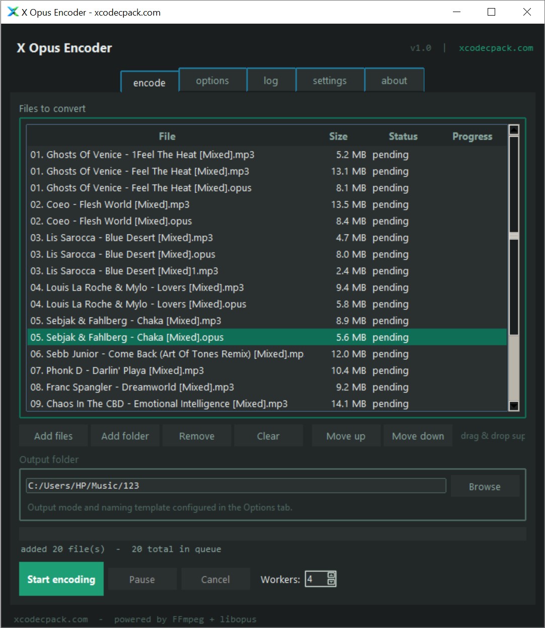 X Opus Encoder - free Windows GUI showing the encode tab with file queue, output folder and Opus encoder settings