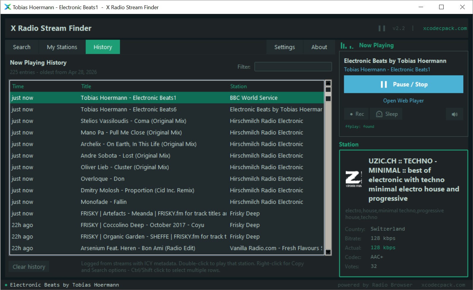 History tab - song titles logged from ICY metadata with timestamp, title and station columns