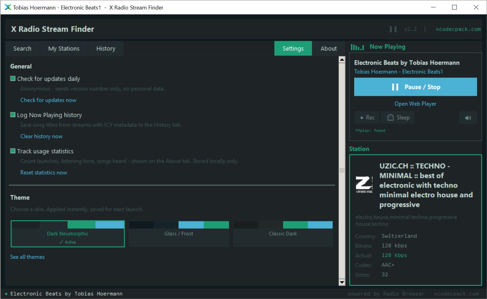Settings tab - update checker toggle, history logging toggle and theme selector