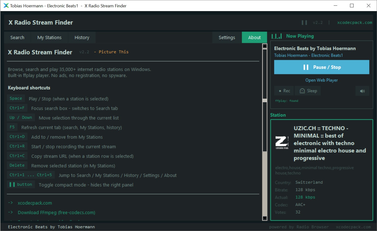 About tab - full list of keyboard shortcuts and useful links
