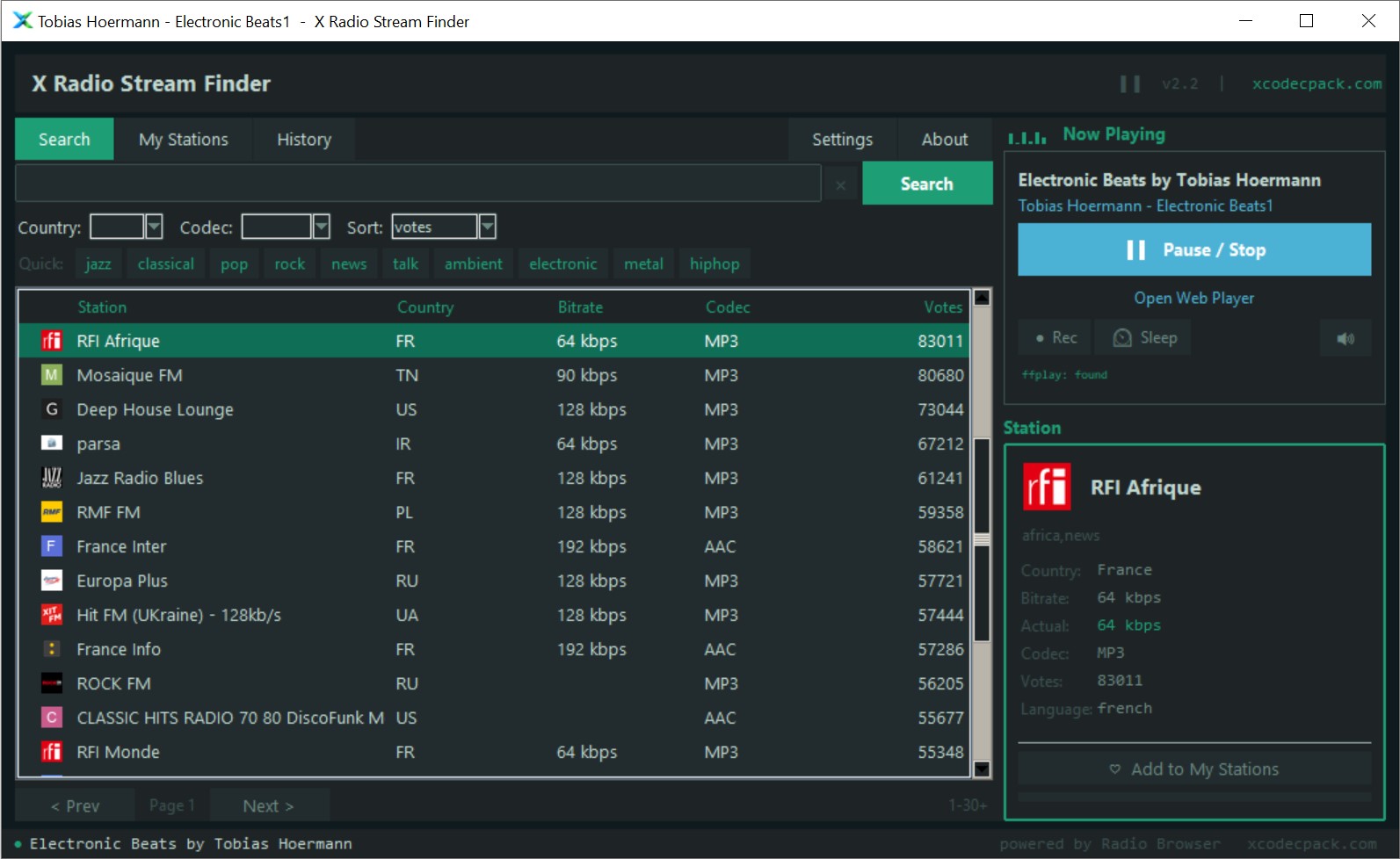 X Radio Stream Finder v2.2 - Search tab with station logos, typo-tolerant search, country and codec filters, genre quick tags and station detail panel on Windows