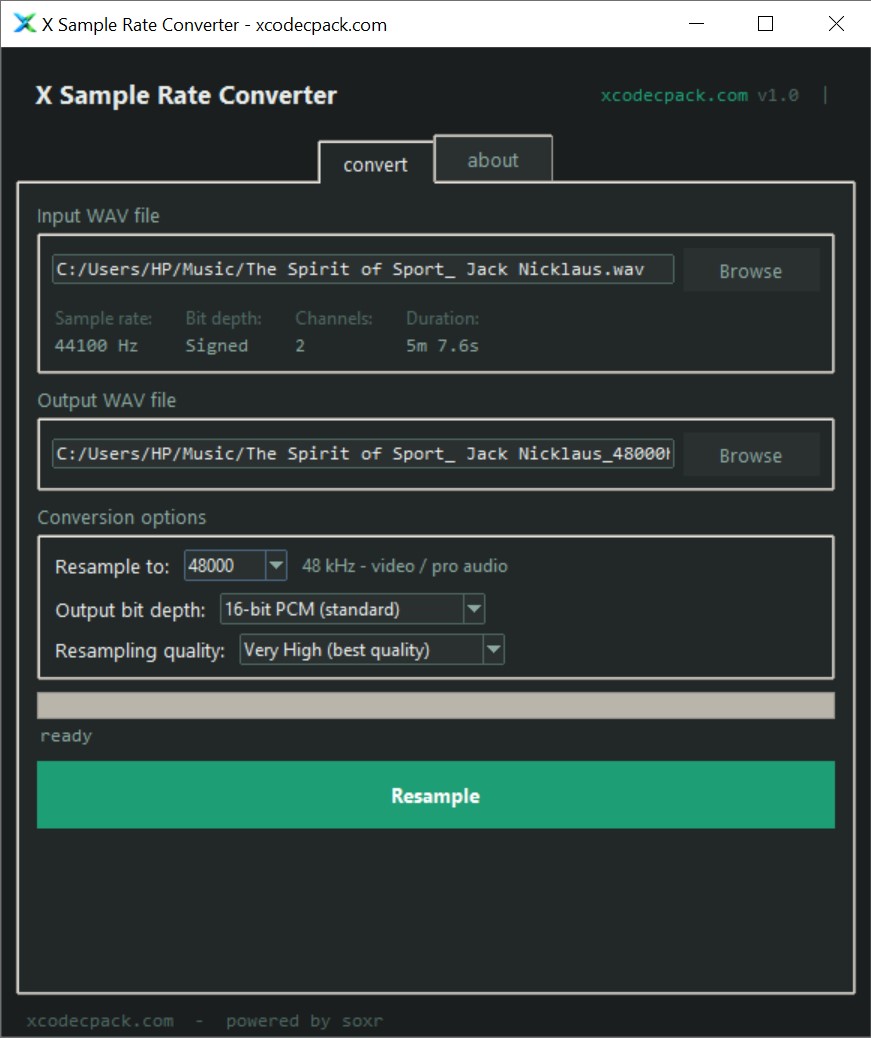 X Sample Rate Converter Windows desktop app v1.1 - soxr VHQ resampler with drag and drop and MP3 M4A AAC input support